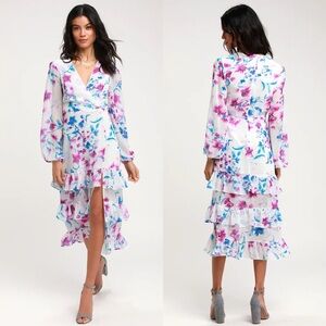 Lulus | Sweet Sunday Cream and Purple Floral Print Midi Dress